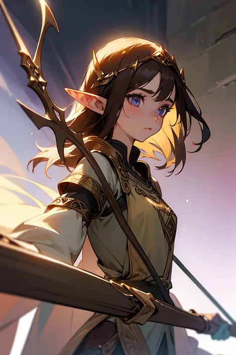 female, 5’3, Elven princess, medium dark brown hair and eyes, small markings under her eyes, pointy ears, white skin, holding a beautiful trident.