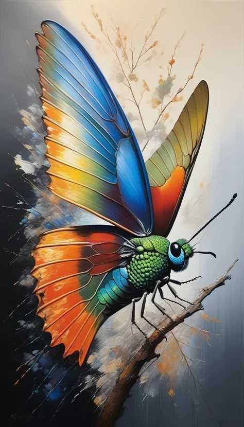 The dust-like scales that cover the wings、Color-coded to indicate type of poison。, Highest quality, masterpiece, Canvas Painting Art Styles