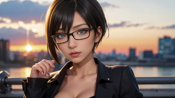 4K quality、最high qualityの傑作、Punk girl with thin glasses and a black shirt., (Heavy makeup), Blurred city background at sunrise, short hair, detailed face, high quality, high resolution、(full shot:1.8), big breasts、