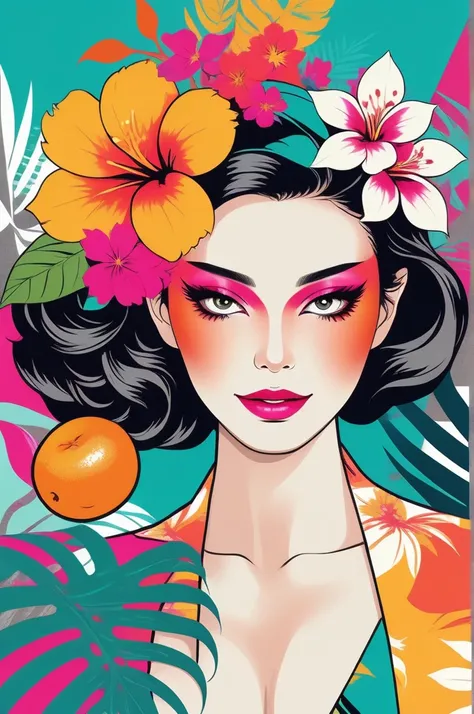 Create a digital art work in pop art style, featureing a vibrant and confident woman with bold makeup and colorfull fashion, cinematic color scheme, surrounded by vintage flowers patterns, energtic brushstrokes,the mood should be dynamic, upper body, drawi...