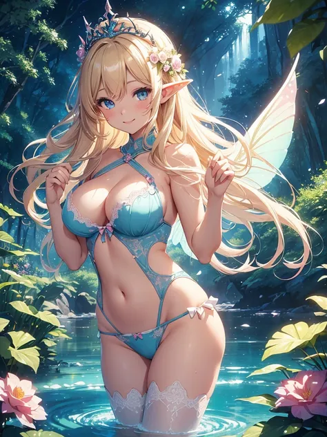 最high quality、1 woman elf on screen 、blonde、On beautiful water、river、wet,sexly, Beautifully decorated bra、Panties、Beautiful foam、、CourtyardShining fairy wings、Flower fractal art　　Beautiful Nature　　Separate swimsuit　、((cowboy shot 　))　　　　、see-throughbodysto...