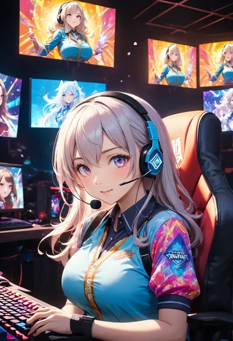 最Highest quality, Highest quality, 16K, Unbelievably absurd, Very detailed, 2.5D, delicate and dynamic, Movie Scenes, formal, Poster Design, Esports, Tokyo, Indoor Stage, , game PC, game, headset, The Big Picture, Flashy lighting, psychedelic, Gaming Chair...