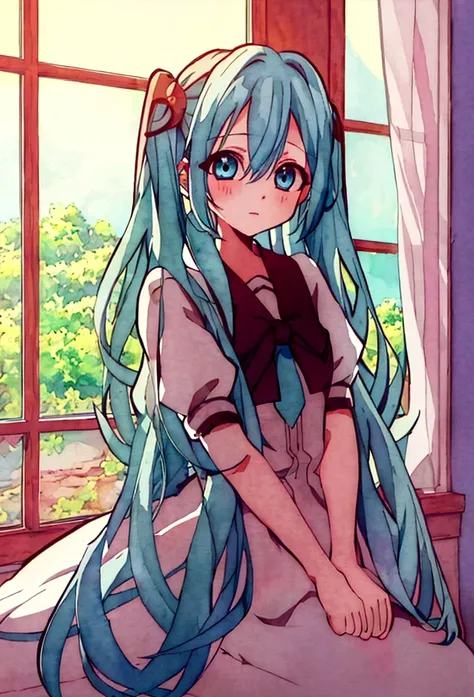 masterpiece, best quality, game cg, 1girl, hatsune miku, blue eyes, blue hair, solo, looking at viewer, , , (watercolor illustration, soft pastel colors:1.1), , , , hanako-kun_style