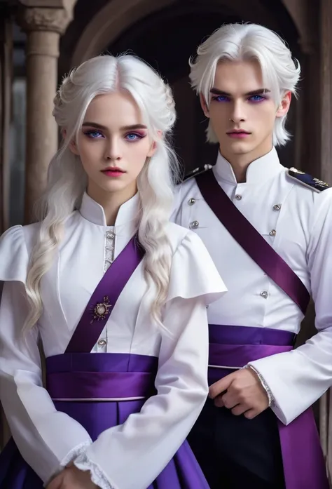 Two twins a boy and a girl, white hair violet eyes with cold and ruthless looks, attractive melancholics but not so many, with royal and elegant tops 