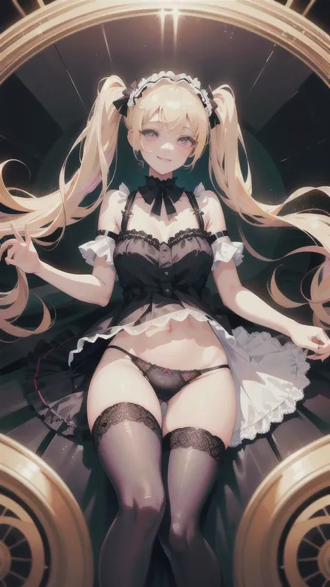 A girl, Lolita style, maid, blonde hair, long hair, twin tails, long twin tails, bangs, heterochromatic eyes, one pupil is purple, one pupil is gold, black stockings, stockings, flesh Legs, lift skirt to reveal panties, black lace panties, panties, briefs,...