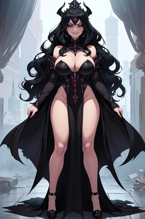 (masterpiece, best quality, high resolution, ((full body, standing,))((huge breasts)) 1 woman, 1 evil looking fantasy echisera, very long black hair to wavy floors, black lips, very evil echisera dress full body black fantasy, fantasy echisera headdress an...