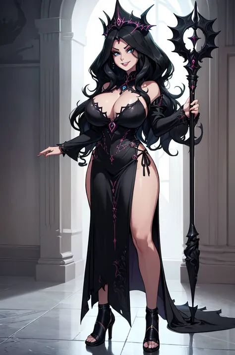 (masterpiece, best quality, high resolution, ((full body, standing,))((huge breasts)) 1 woman, 1 evil looking fantasy echisera, very long black hair to wavy floors, black lips, very evil echisera dress full body black fantasy, fantasy echisera headdress an...