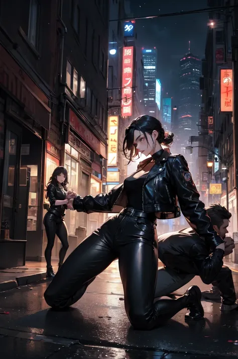 City backstreet at night、Females and males fight、The winner is a woman、Woman looking down at kneeling man、A woman defeats a giant man、Men are down、The winner is a woman、Fighting Women、Expressionless woman、The woman is wearing a black leather jacket and bla...