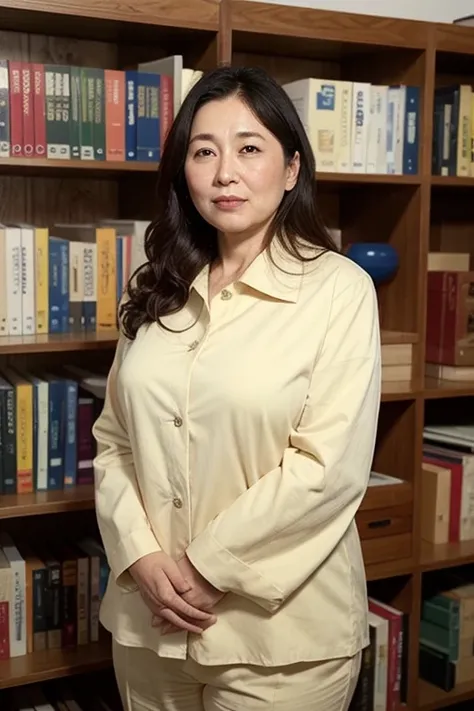 Aunt in Osaka、Organic Photography、best quality、masterpiece、Ultra-high resolution、Beautiful old lady、50 years old、Elegant face，Wear a business shirt，Suit pants，Wavy Hair、Real skin texture，sideways，Revealing smooth and plump thighs，Library Background，Backgro...