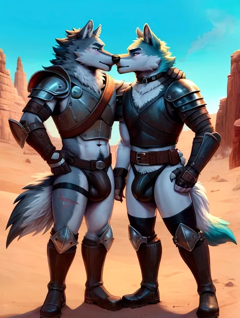 Couple of Sexy young anthro furry wolf males mercenary medieval soliders, slim endomorph muscular, anthro handsome gay shorter muzzle, handsome gay model male apperance, sword scars, worn out leather skimpy armament, low on hips heavy leather belt, old ver...