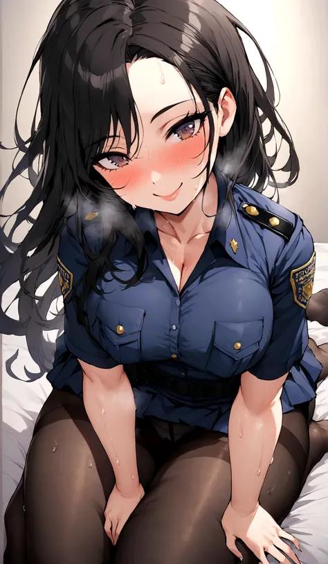 One beautiful woman、One Man、Policewoman、Beauty、A man has intense sex with a married woman、Tight Skirt, Cowgirl、Hit your back hard、High Speed Piston、Sitting on a man、Looking down at the viewer, Highest quality, Focus on the thighs, smile, Police uniform, Bl...