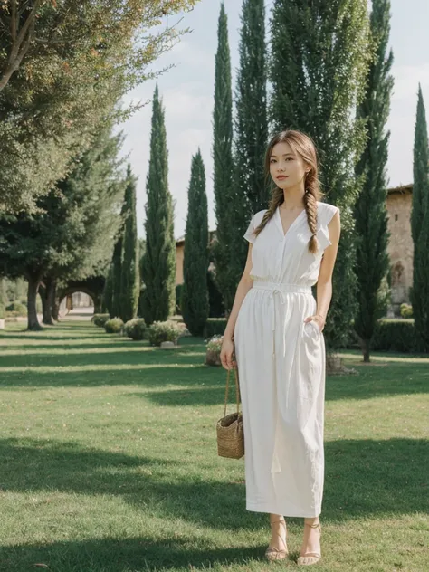 her name is Asako, high quality, 1girl, ((20-year-old fit Caucasian woman)), ((20 years old)), ((slim)), ((Fishtail Braid hair)), pose: standing, wearing unique stylish fashionable Generation-Z modern wear pastel colored, BACKGROUND:"In the Boboli Gardens,...