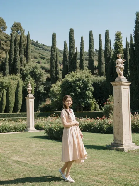 her name is Asako, high quality, 1girl, ((20-year-old fit Caucasian woman)), ((20 years old)), ((slim)), ((Fishtail Braid hair)), pose: standing, wearing unique stylish fashionable Generation-Z modern wear pastel colored, BACKGROUND:"In the Boboli Gardens,...