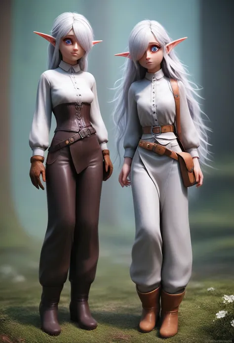 ((Best Quality)), (Masterpiece)), (Details: 1.4), Absurd Resolution, High Resolution, (Masterpiece: 1.4), Ultra Detailed, detailed gnome girl with pale skin, short stature, very long waist length silver hair that curls at the ends, covering one eye, with s...