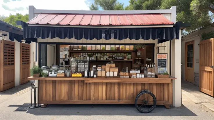 A very nice looking with shutters sales kiosk inclouding milk, hot coffee, cheese, eggs, olive oil