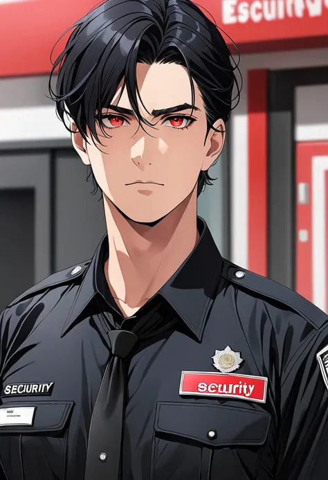 Security guard man with black hair and red eyes 