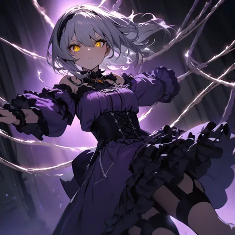 Top quality, masterpiece, doll girl, suspended by threads, ball jointed, A dazzling light illuminates the darkness,silver hair, golden eyes, gothic lolita, purple dress, headband, contrast of light and darkness,Combat Action