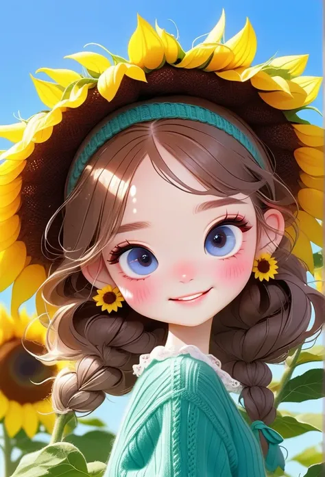 1 Girl (Lovely, Kawaii, Hair Glossy, Knitted Hair, Messy Hair, Sunflower, Accessories, Eye Color Universe, Big Eye, Dynamic Angle: 1.4, Full Body, Dynamic Pose, Delicate Face, Bright Color, Sunflower, Smile),