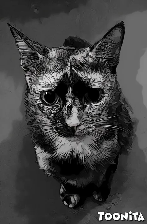 there is a black and white photo of a cat with a sad look, cat. digital painting, cat detailed, digital art animal photo, cat po...