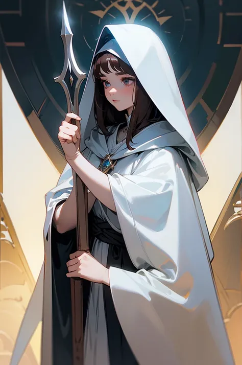 female, 5’3, Elven princess, medium dark brown hair and eyes, small markings under her eyes, pointy ears, white skin, holding a beautiful silver trident. White hooded cloak, a light aesthetic. Optimistic, kind, soft, attractive.