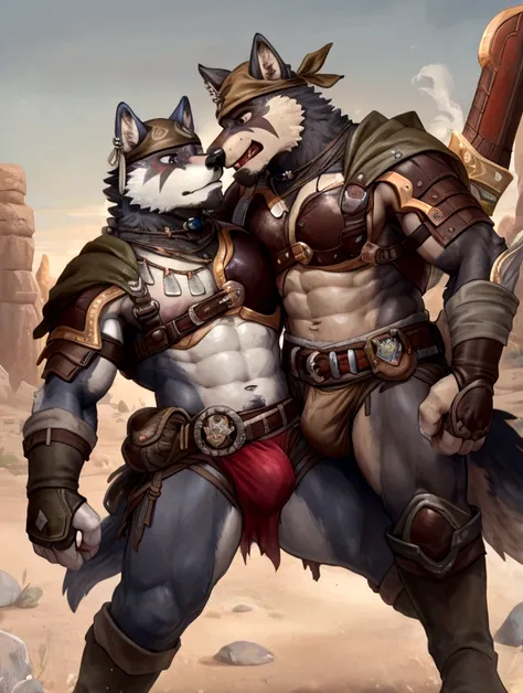 Couple of Sexy young anthro furry wolf males mercenary medieval soliders, slim endomorph muscular, anthro handsome gay shorter muzzle, handsome gay model male apperance, sword scars, worn out leather skimpy armament, low on hips heavy leather belt, old ver...