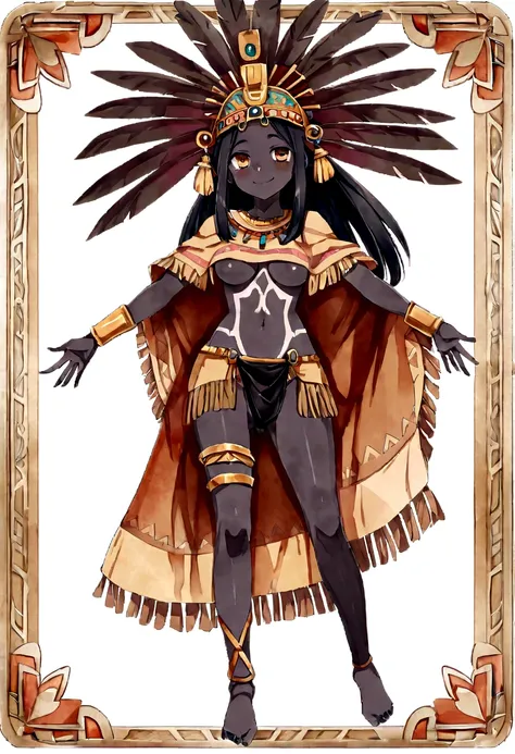 - Character, full body, high resolution, stable diffusion, watercolor style, trading card, trading card simple framework, medium card, 1 girl, solo, full body , medium breast, joung girl, long hair, black skined girl, black skin, aztec, aztec girl, loinclo...