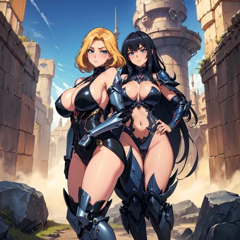 (masterpiece, best quality, high resolution, anime movie cover, 5 beautiful girls ((huge breasts)) dressed in black, fantasy armor in a fantasy world with powerful fantasy mecha in the background
