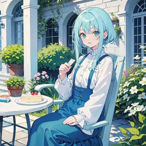  light blue hair, cake strip, Cute green eyes, Beautiful Mouth, 1,60, medium chest, sitting on a large chair in a courtyard 