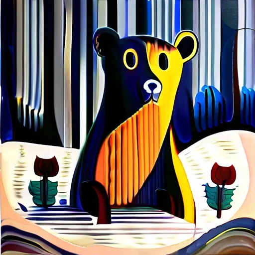 Surrealist art in the style of Edvard Munch, painting, Robotic Bear, Winter, L USM, Lomography, Edvard Munch style, Edvard Munch art . Dreamlike, mysterious, provocative, symbolic, intricate, detailed