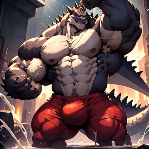 Godzilla， Behemoth，4k HD， wallpaper, (bara pecs: 1.4), (dense oversized huge pecs: 1.1), (crotch bulge: 1.3), white thong, dramatic lighting, epic, aggressively flexing, large grimacing smile, hard tight vascular body, ripped muscularity, low body fat, shr...