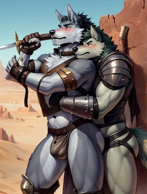 Couple of Sexy young anthro furry wolf males mercenary medieval soliders, slim endomorph muscular, anthro handsome gay shorter muzzle, handsome gay model male apperance, sword scars, worn out leather skimpy armament, low on hips heavy leather belt, old ver...