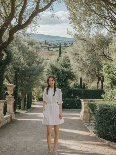 her name is Asako, high quality, 1girl, ((20-year-old fit Caucasian woman)), ((20 years old)), ((slim)), ((Fishtail Braid hair)), pose: standing, wearing  stylish fashionable Generation-Z modern wear pastel colored, BACKGROUND:"In the Boboli Gardens, with ...