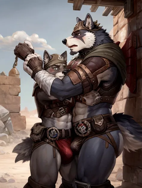 Couple of Sexy young anthro furry wolf males mercenary medieval soliders, slim endomorph muscular, anthro handsome gay shorter muzzle, handsome gay model male apperance, sword scars, worn out leather skimpy armament, low on hips heavy leather belt, old ver...