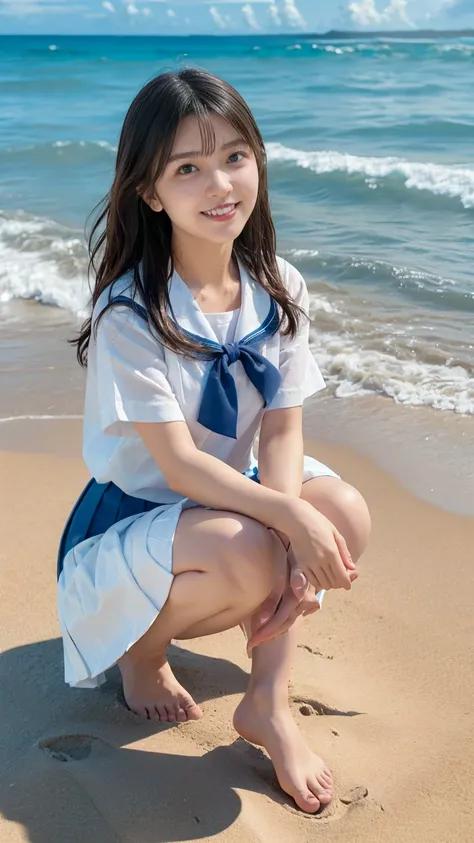 (((sunny day、cute japanese woman、beach、a strong wind is blowing、her hair and skirt are flying、crouch down, scooping up seawater ...