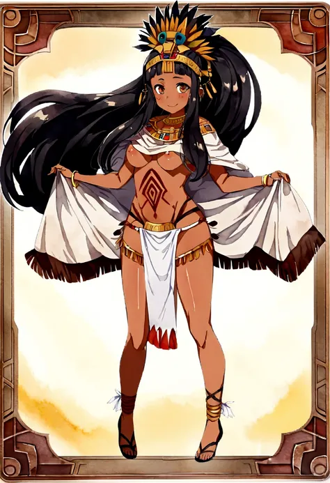 - Character, full body, high resolution, stable diffusion, watercolor style, trading card, trading card simple framework, medium card, 1 girl, solo, full body , medium breast, joung girl, long hair, dark skined girl, dark skin, aztec, aztec girl, loincloth...