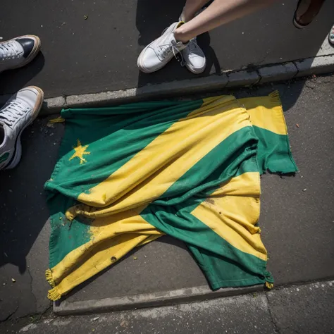 Dirty Brazilian flag on the street 