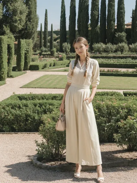 her name is Asako, high quality, 1girl, ((20-year-old fit Caucasian woman)), ((20 years old)), ((slim)), ((Fishtail Braid hair)), pose: standing, wearing stylish fashionable Generation-Z modern wear pastel colored, BACKGROUND:"In the Boboli Gardens, with m...