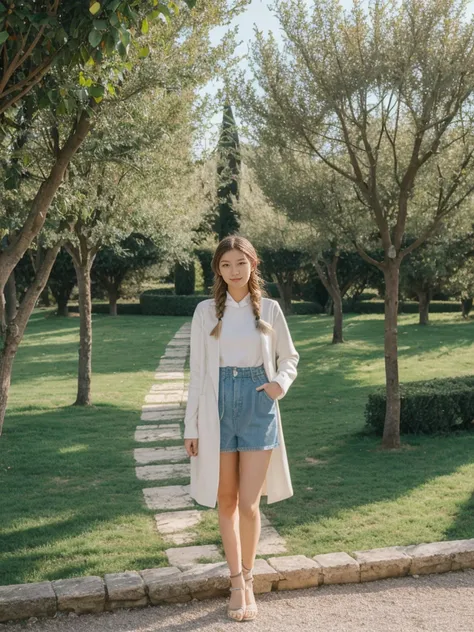 her name is Asako, high quality, 1girl, ((20-year-old fit Caucasian woman)), ((20 years old)), ((slim)), ((Fishtail Braid hair)), pose: standing, wearing stylish fashionable Generation-Z modern wear pastel colored, BACKGROUND:"In the Boboli Gardens, with m...