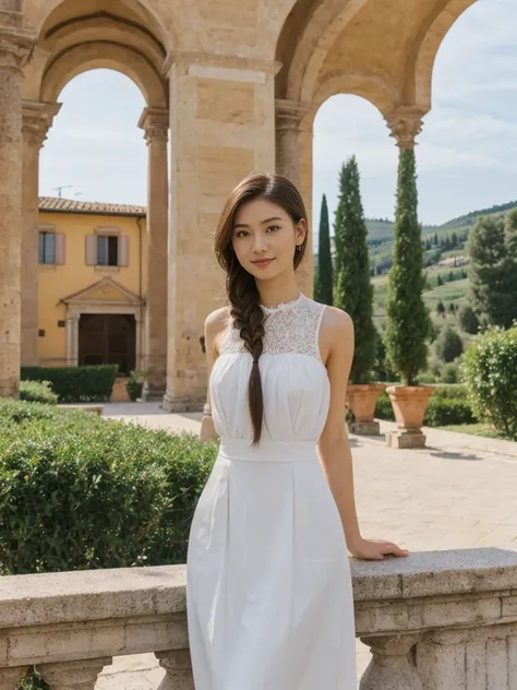 her name is Asako, high quality, 1girl, ((20-year-old fit Caucasian woman)), ((20 years old)), ((slim)), ((Fishtail Braid hair)), pose: standing, wearing stylish fashionable Generation-Z modern wear pastel colored, BACKGROUND:"In the Boboli Gardens, with m...