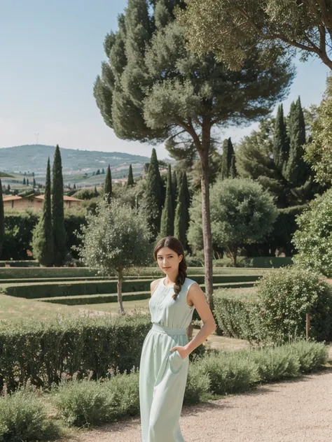 her name is Asako, high quality, 1girl, ((20-year-old fit Caucasian woman)), ((20 years old)), ((slim)), ((Fishtail Braid hair)), pose: standing, wearing stylish fashionable Generation-Z modern wear pastel colored, BACKGROUND:"In the Boboli Gardens, with m...