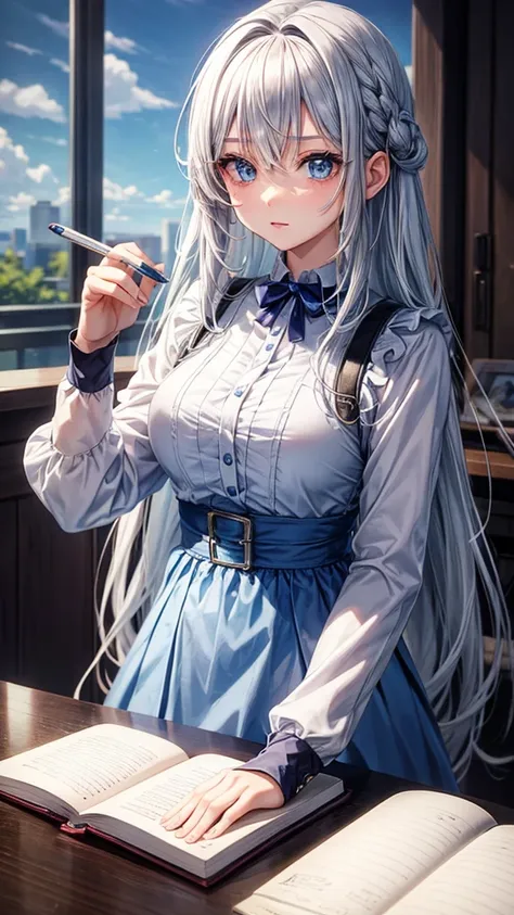 Anime girl with silver hair and blue eyes using a notebook