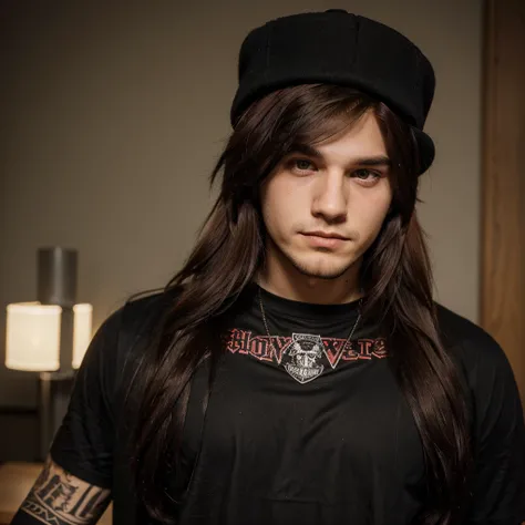 A young man age 24 years old. He wears a 3 day beard and has straight thick hair, his hair color is red and black, hat was von emo. He likes to wear black. Has an elongated face shape. Weighs about 60 kg