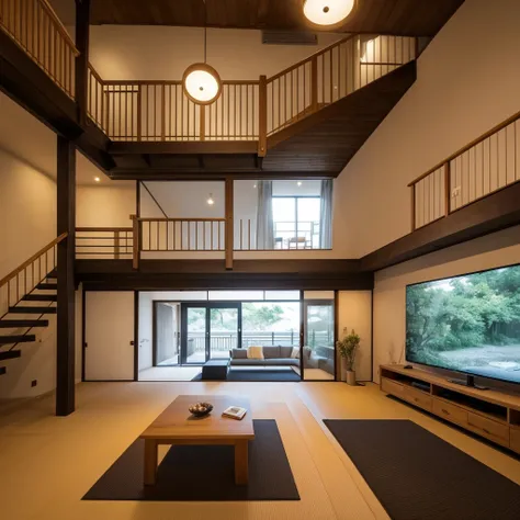 ((Highest quality)), ((masterpiece)), (detailed), Living room of a modern Japanese house,The three-seater sofa is L-shaped,There is a steel staircase in front of the sofa.,A 60-inch TV is mounted on the wall under the stairs.,The floor is solid oak 90cm wi...