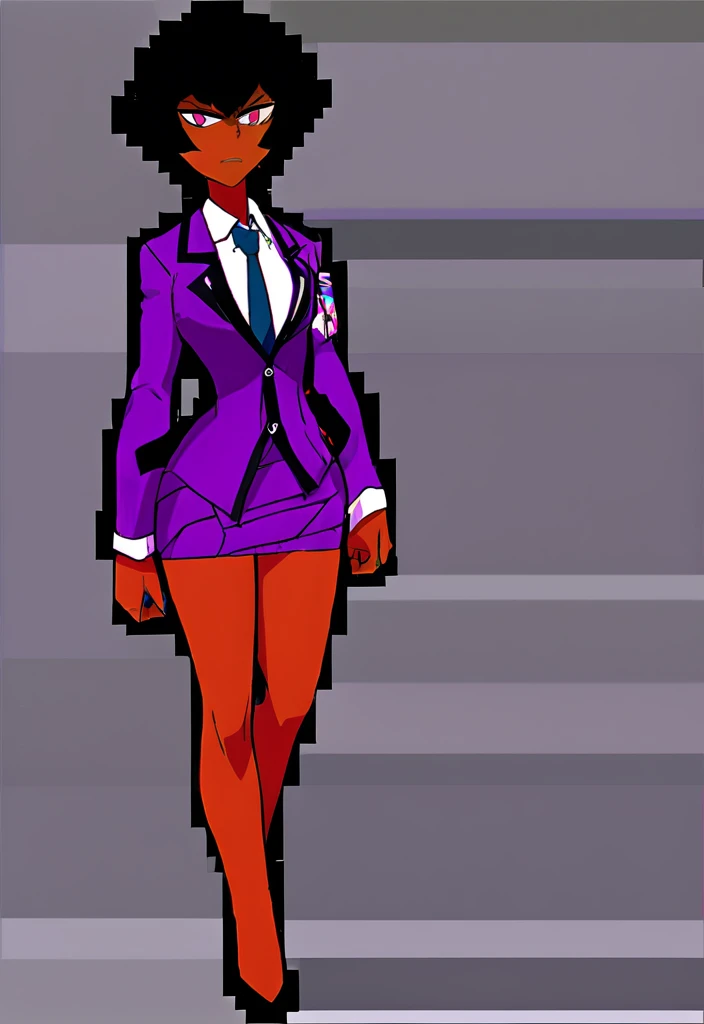 Make a evil military black anime woman in a purple skirt suit witha tie on full body 