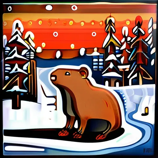 Surrealist art in the style of Edvard Munch, painting, Robotic cute capybara, Winter, L USM, Lomography, Edvard Munch style, Edvard Munch art . Dreamlike, mysterious, provocative, symbolic, intricate, detailed