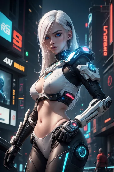 1 girl, white hair, blue eyes, high-tech bra, bare midriff, 1 mechanical battle arm, human arm, pants, high-tech sneakers, serious pose, robotic mecha background, (best quality,4k,8k,highres,masterpiece:1.2),ultra-detailed,(realistic,photorealistic,photo-r...