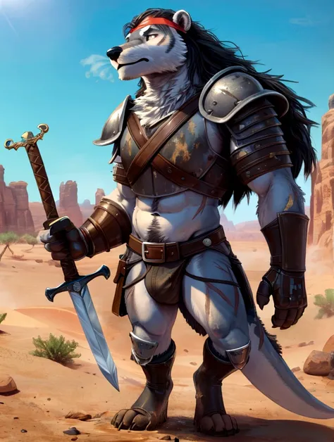 Solo Sexy young anthro furry otter male river mercenary medieval solider, slim endomorph muscular, anthro handsome gay shorter muzzle, handsome gay model male apperance, sword scars, shaggy shag hairs headband, worn out leather skimpy armament, low on hips...