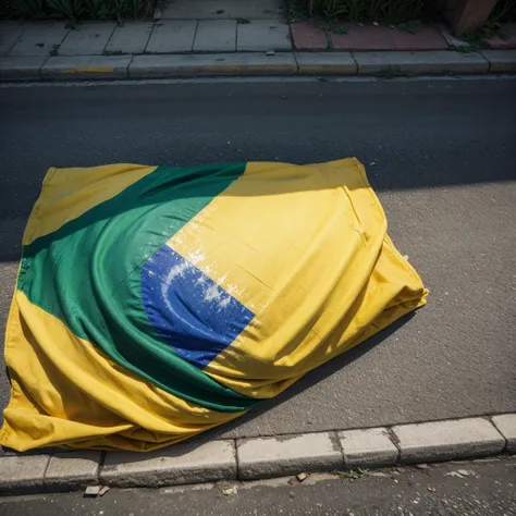 Dirty Brazil flag on the street realistic photo 