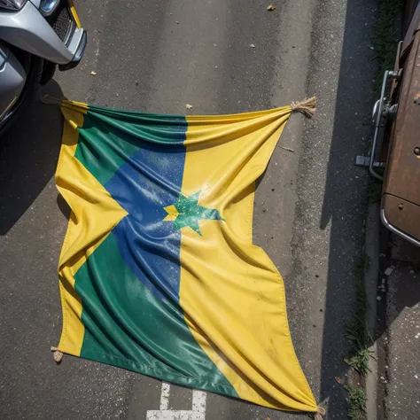 Dirty Brazil flag on the street realistic photo 