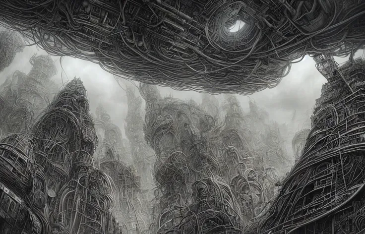 city of merging organic forms, creeping cables and pipes , in style of Dan Seagrave, H. R. Giger, Zdzisław Beksiński with cinematic lighting, background cloud storm inspired by jeffrey smith